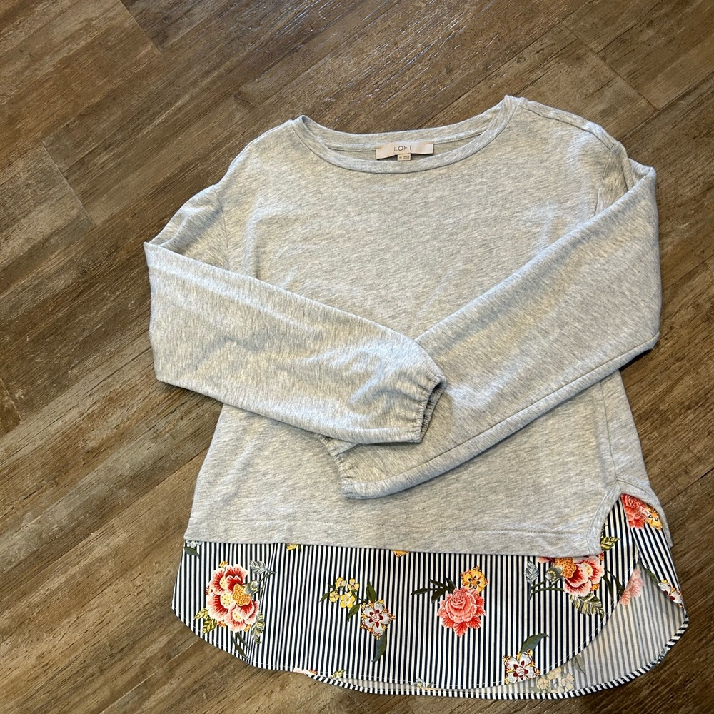 Gray Long Sleeve Top with Floral Hem